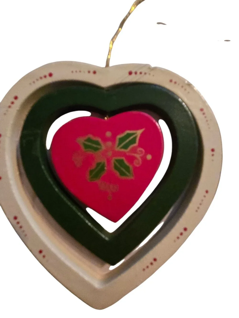 pair vintage wooden spinning heart Christmas ornaments Folk-Art Nordic